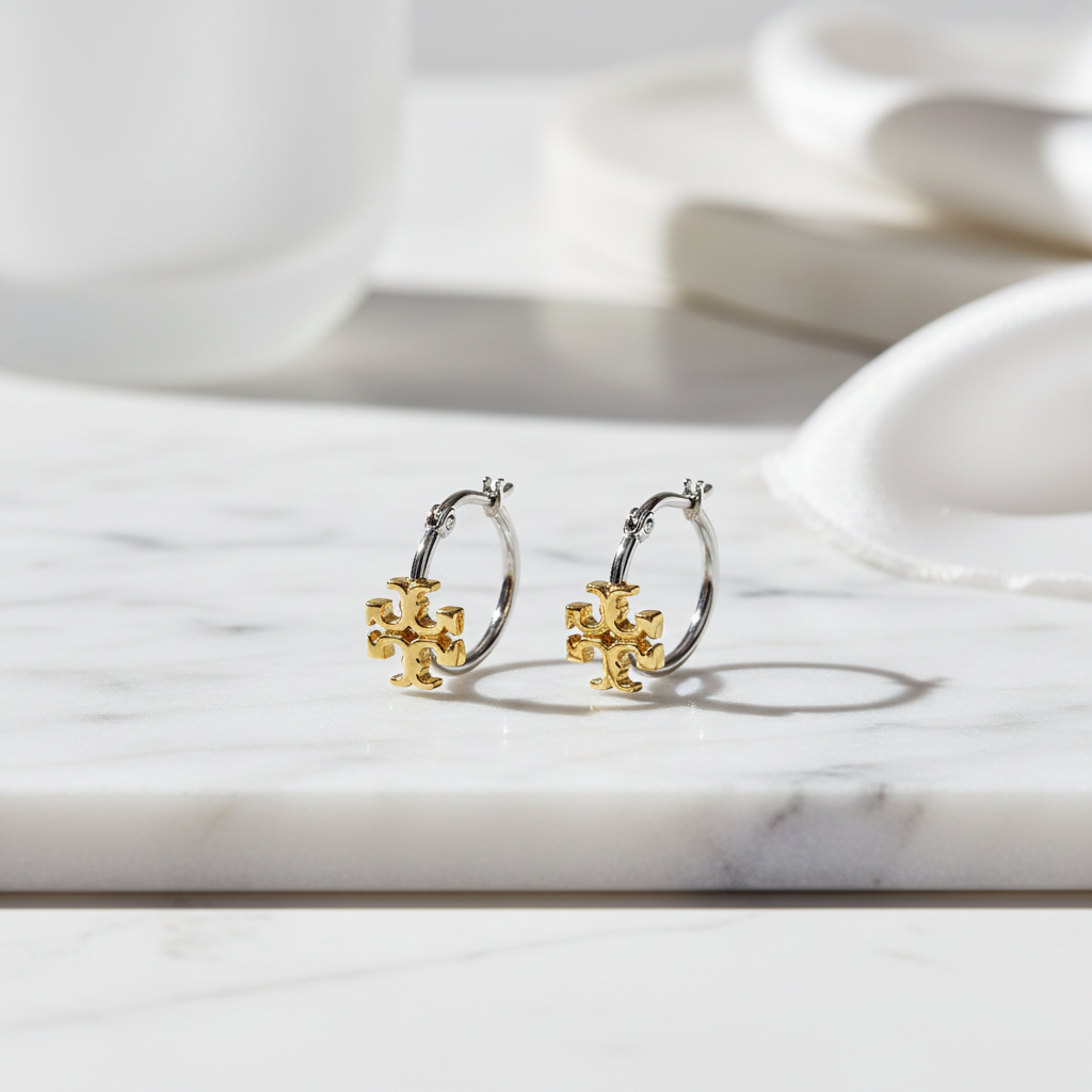Tory Burch Eleanor Two-Tone Small Logo Hoop Earrings - Lifestyle 1