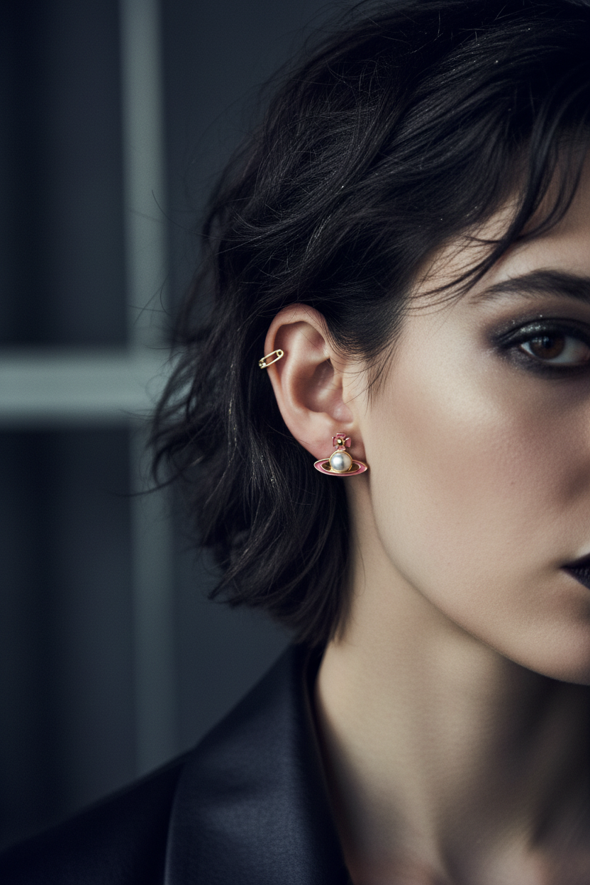 Vivienne Westwood Simonetta Earrings on ear editorial shot