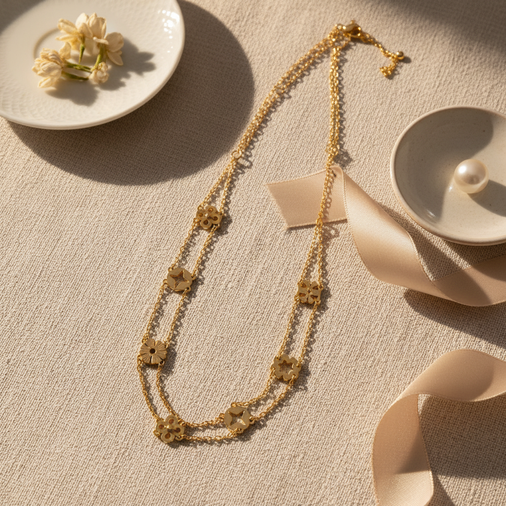 Tory Burch Double-Chain Layer Charm Necklace - Cream Linen Flat Lay