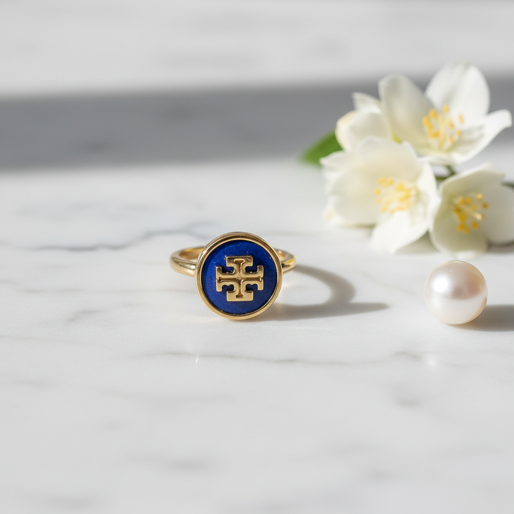 Tory Burch Gold & Blue Lapis Lazuli Ring - marble surface