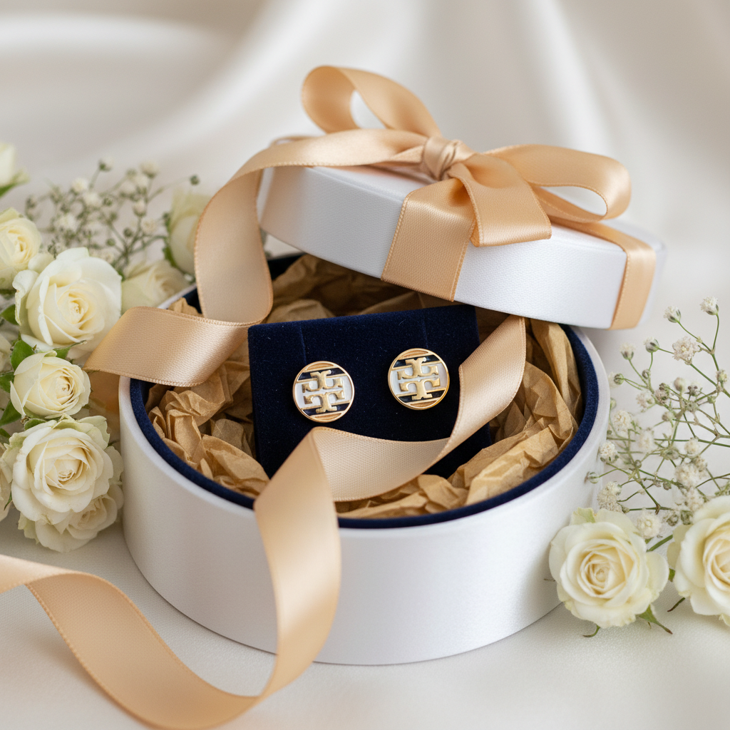 Tory Burch Icon Stripe Enamel Stud Earrings - luxury gift box