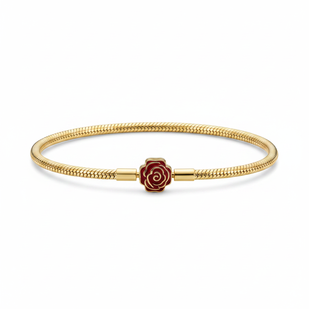 Disney x Pandora Beauty and the Beast Enchanted Rose Snake Chain Bracelet – clean white background product shot