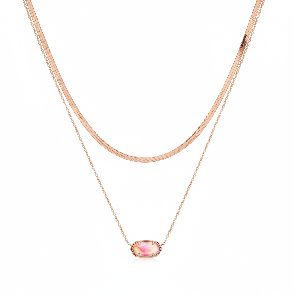 Kendra Scott Elisa Rose Gold Double Layer Pendant Necklace in Watercolor Illusion - clean white background flat lay