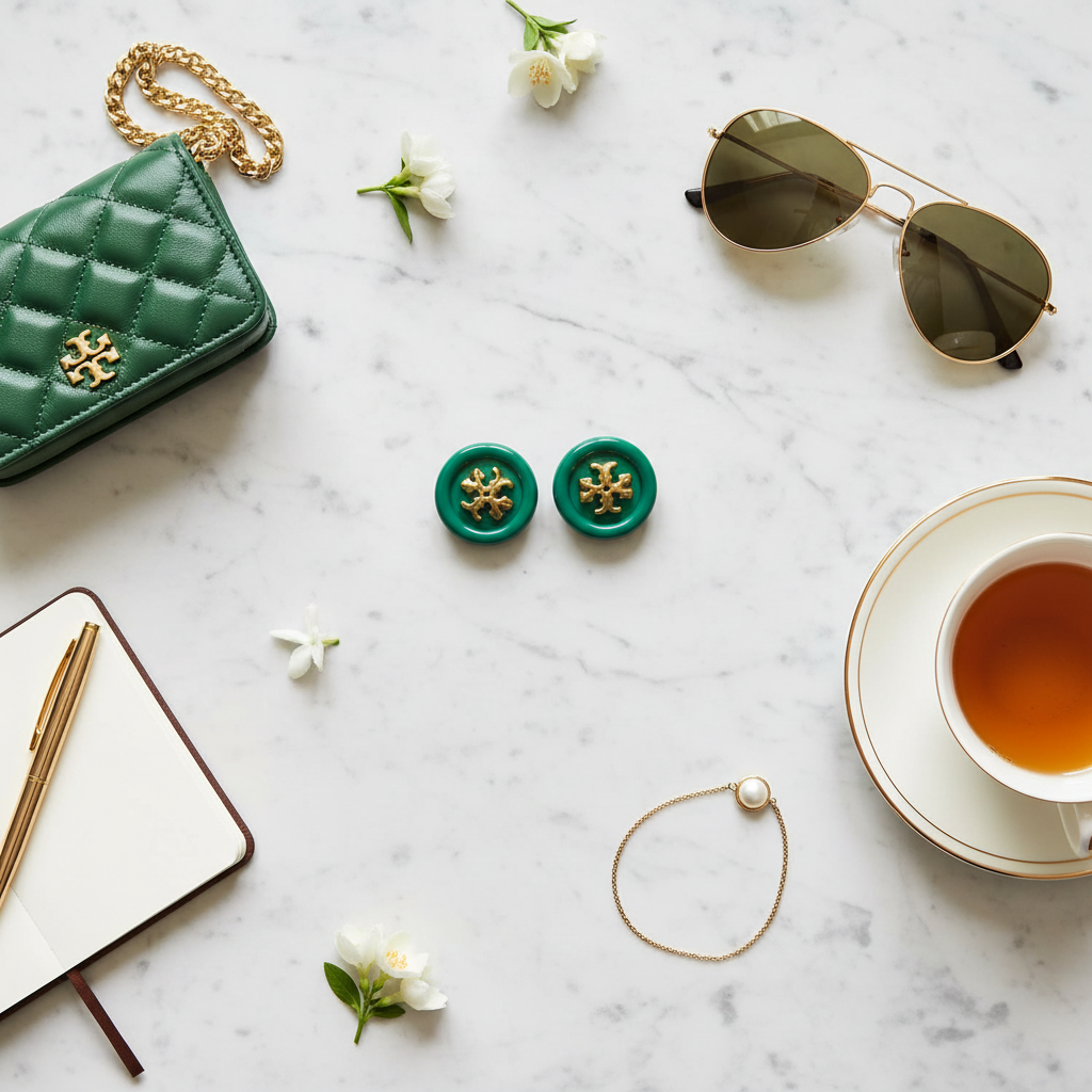 Tory Burch Roxanne Button Stud Earrings Green – marble flat lay lifestyle