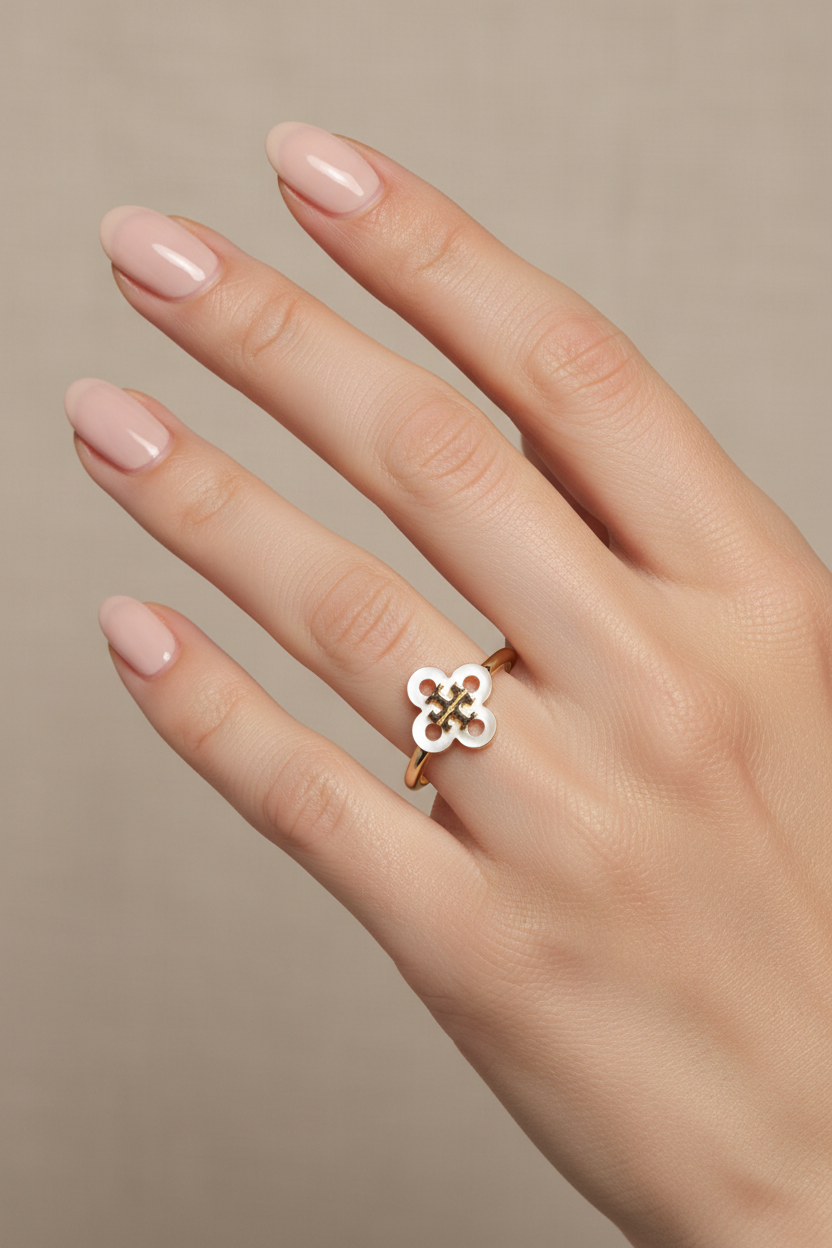 Tory Burch Kira Clover Ring worn on hand