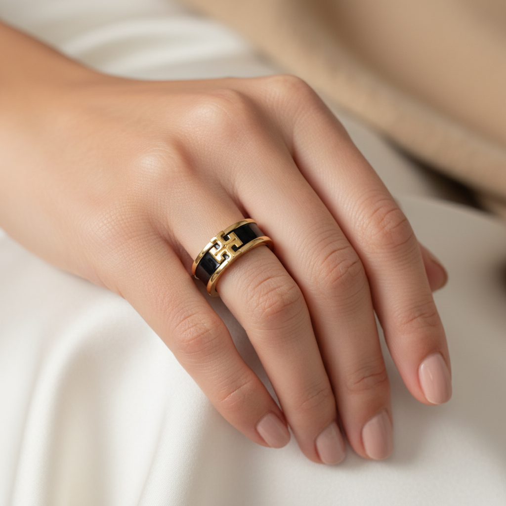 Tory Burch Kira Black & Gold Enamel Ring - on model