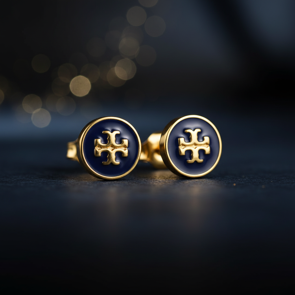Tory Burch Kira Navy Enamel Stud Earrings moody close-up detail shot