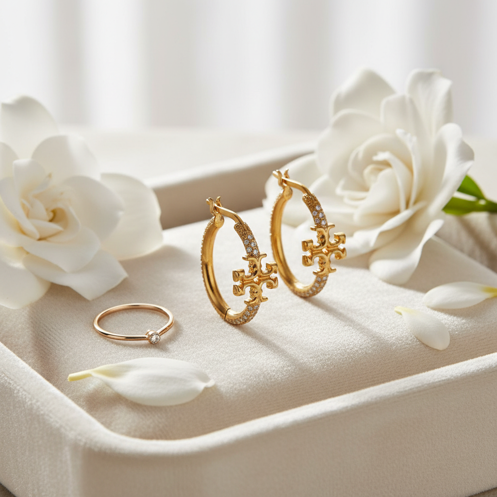 Tory Burch Small Eleanor Pavé Hoop Earrings - cream velvet tray
