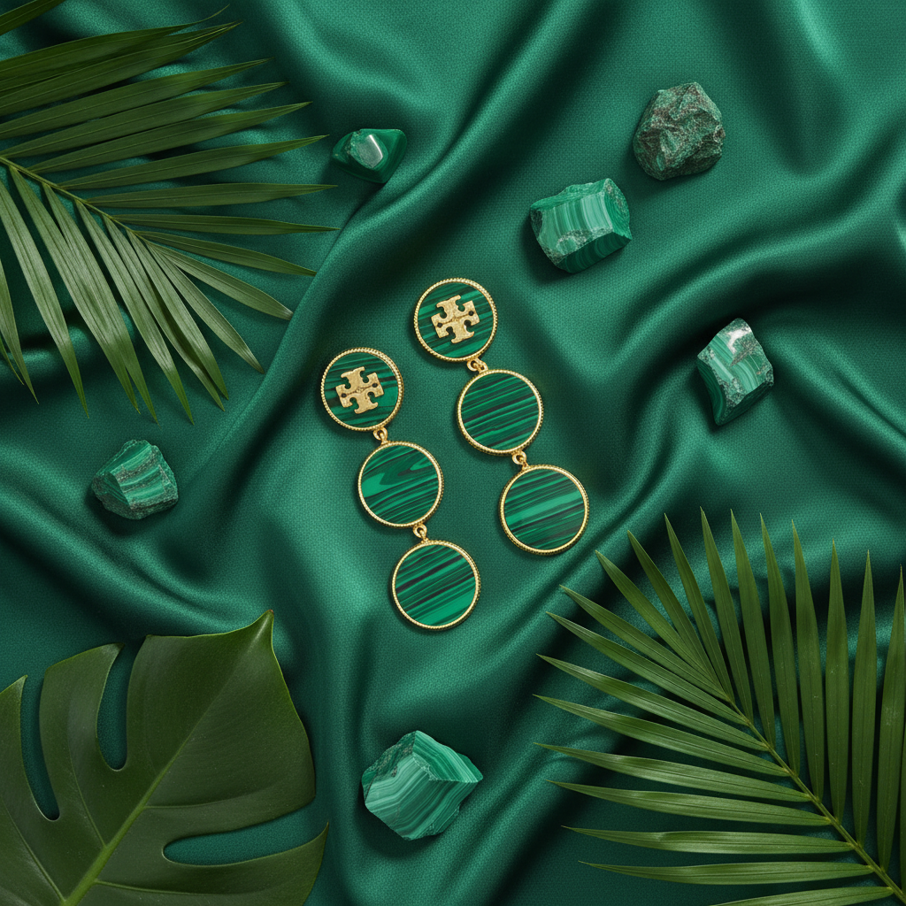 Tory Burch Malachite Dangle Earrings flat lay on forest green silk with malachite stones