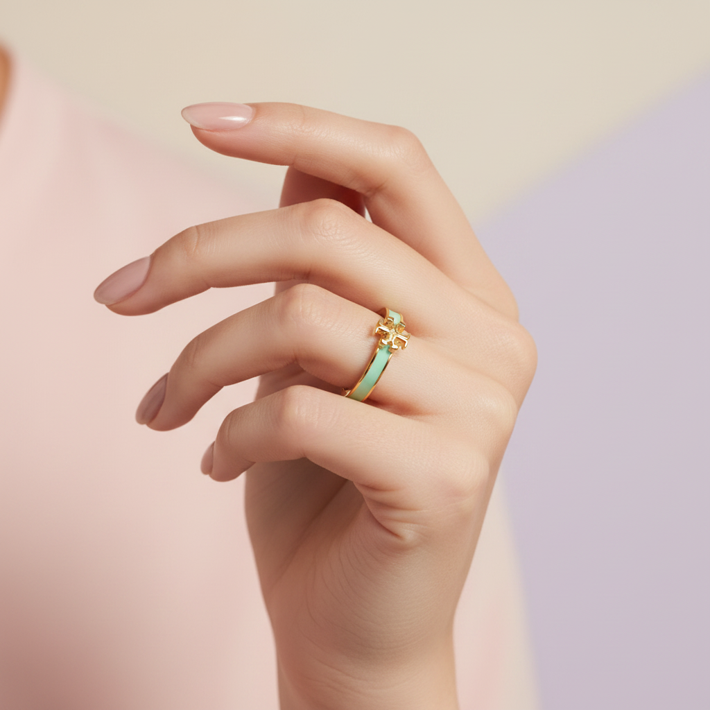 Tory Burch Kira Enamel Ring in Gold and Mint - worn on model