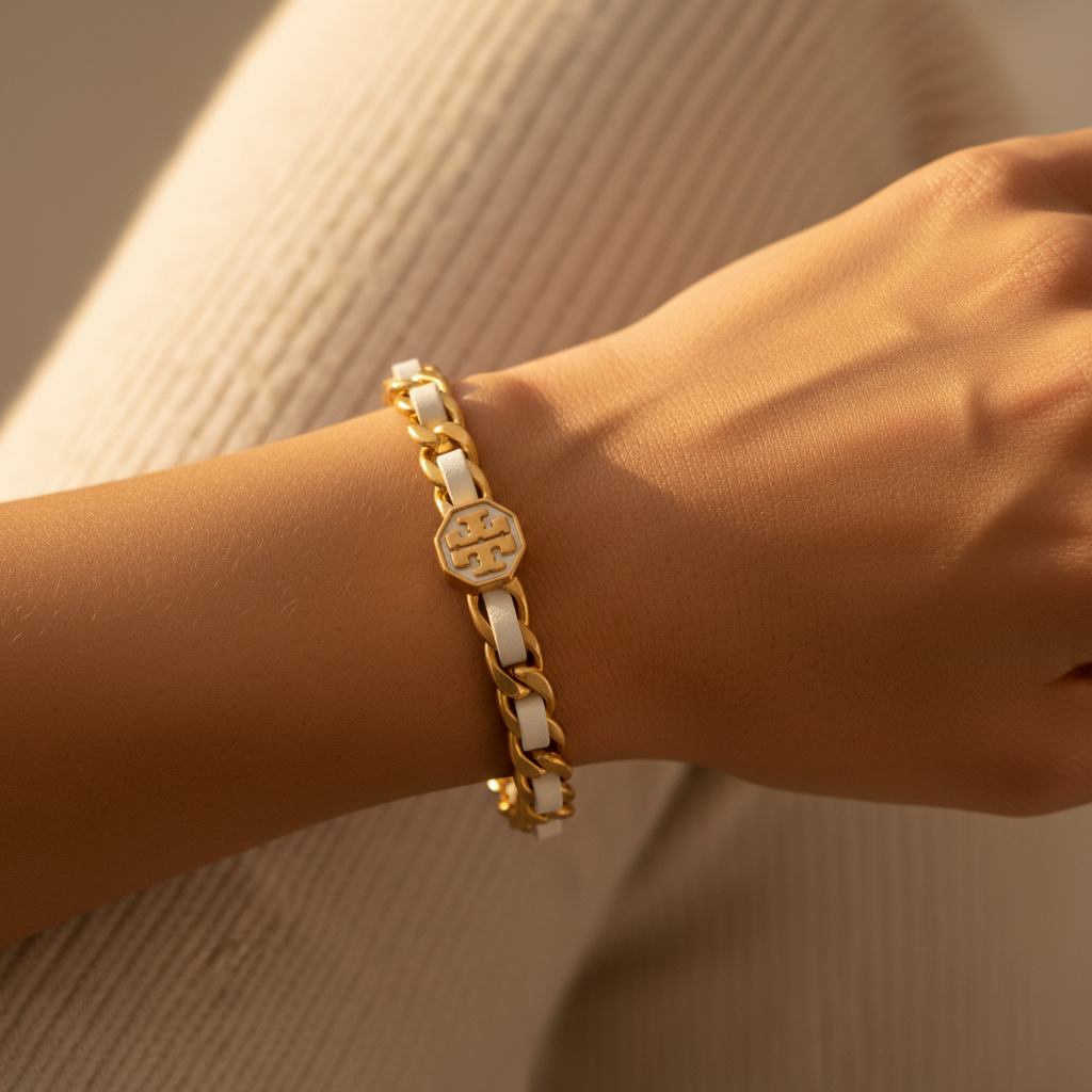 Tory Burch Marion Woven Chain Cuff Bracelet - model wrist shot