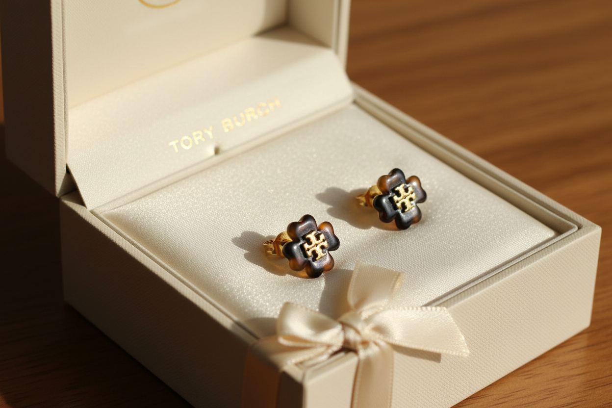 Tory Burch Kira Flower Stud Earrings in Tortoiseshell - luxury gift box