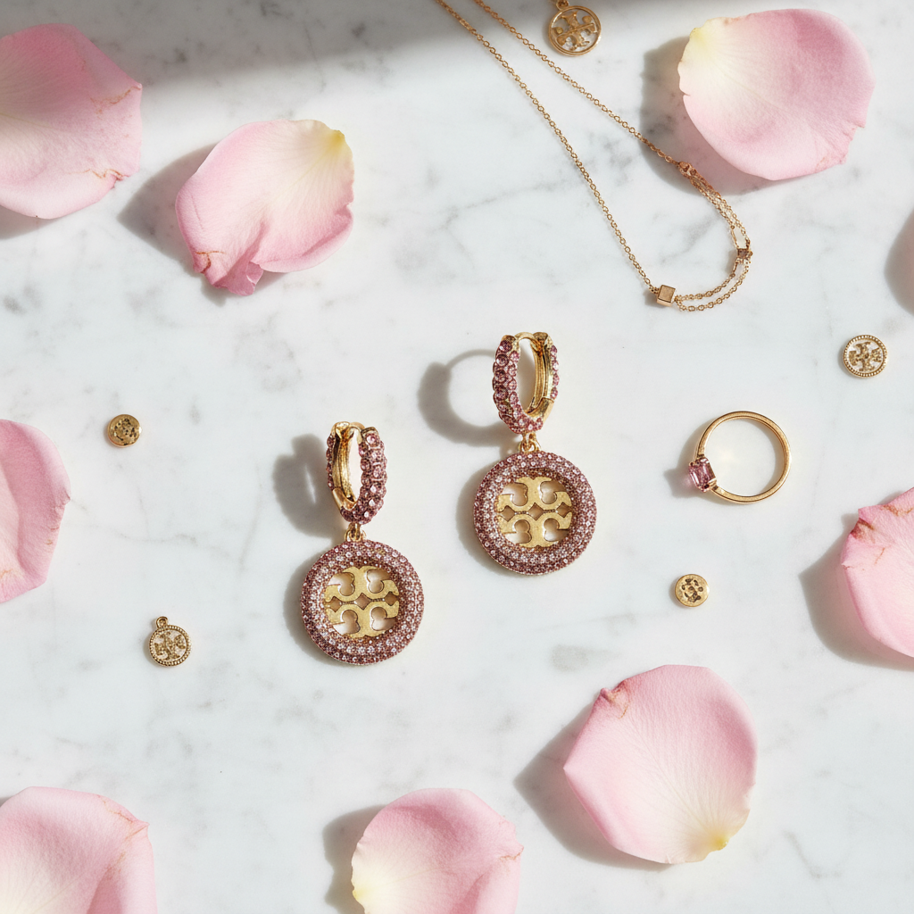 Tory Burch Miller Pavé Hoop Earrings in Gold/Pink Crystal - marble flat lay with rose petals