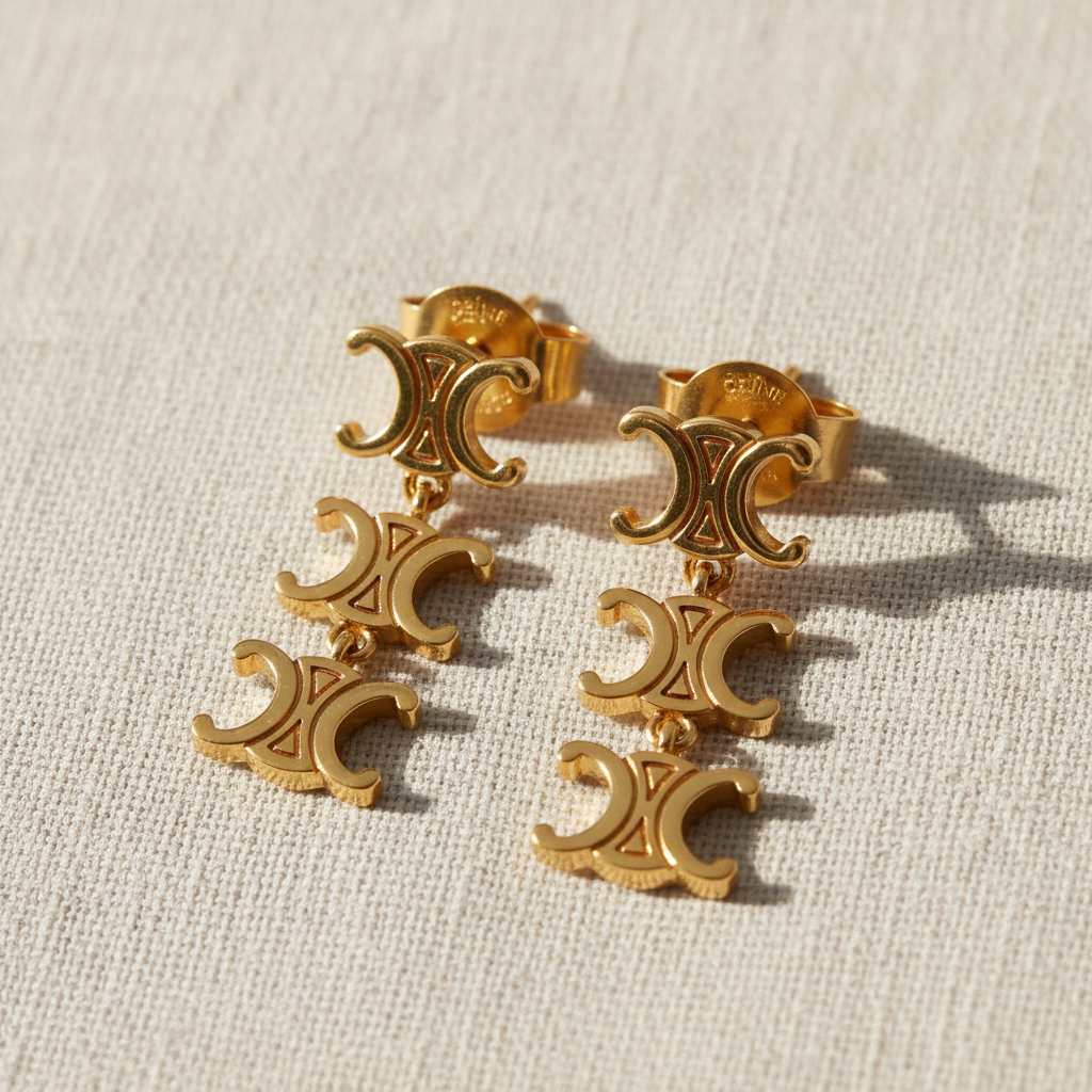 Celine Triomphe Logo Earrings linen close-up