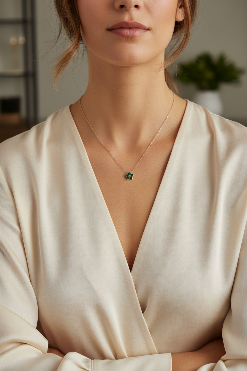 Tory Burch Forget Me Not necklace worn on neck