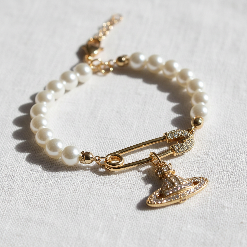 Vivienne Westwood Lucrece Gold Pearl Bracelet - white linen lifestyle