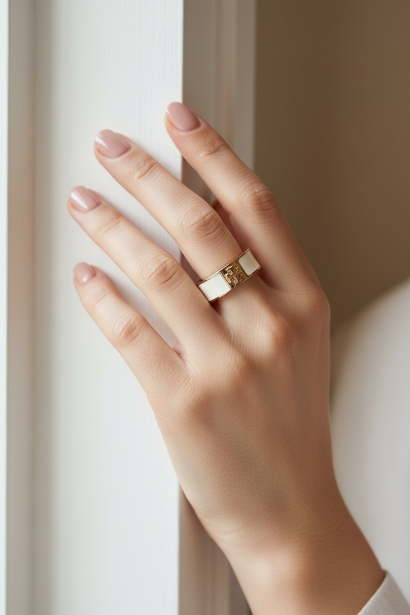 Tory Burch White Enamel TT Band Ring worn on hand