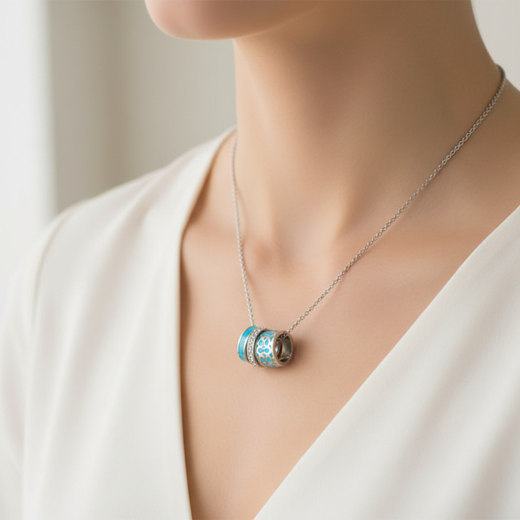 Coach Blue Enamel Necklace worn on neck
