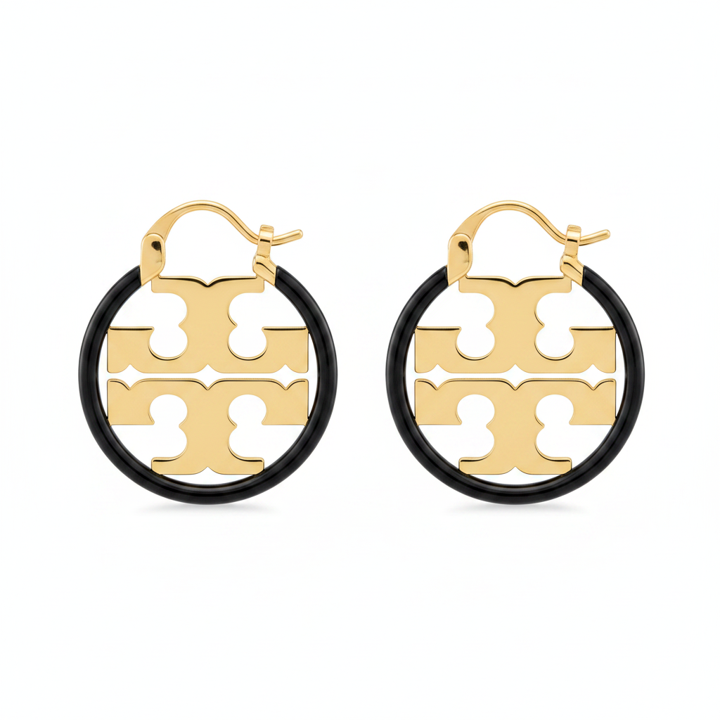 Tory Burch Miller Small Black Enamel Hoop Earrings - clean product shot