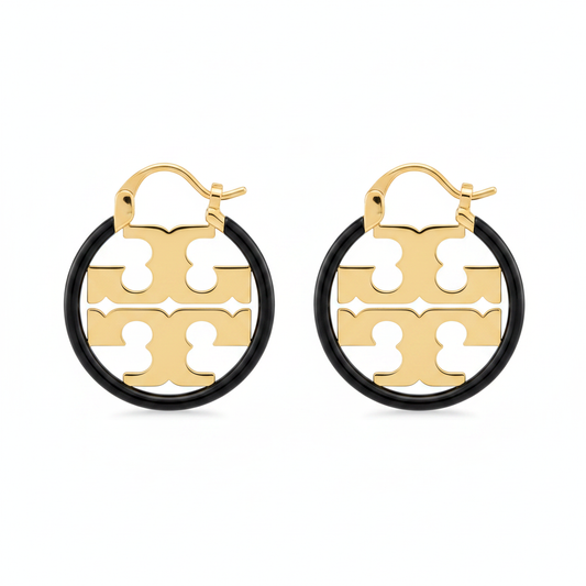 Tory Burch Miller Small Black Enamel Hoop Earrings - clean product shot