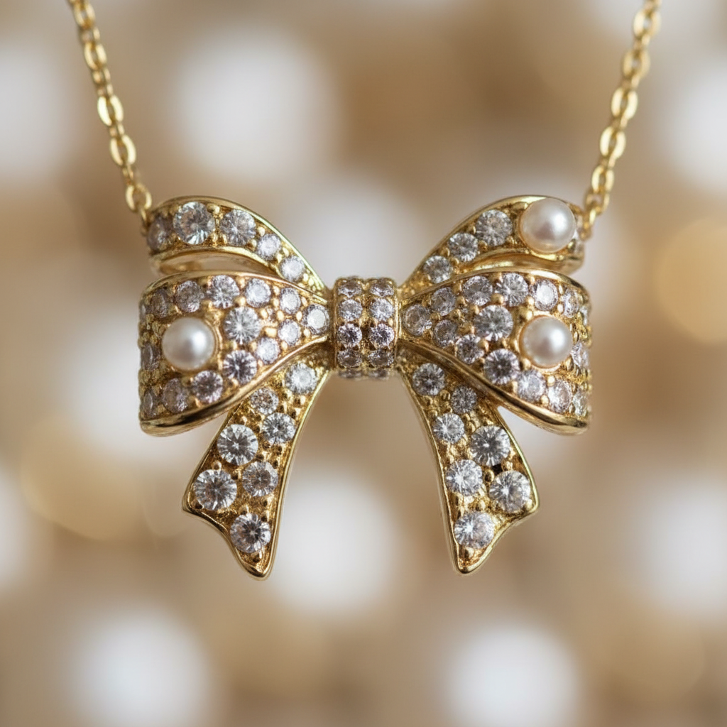 Kendra Scott Krista Bow Necklace - pearl and crystal close-up