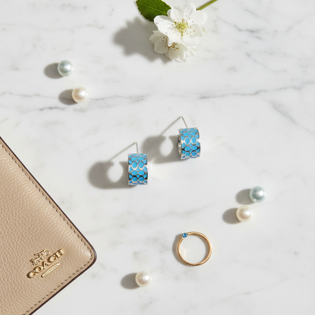 Coach Signature Enamel Huggie Earrings marble flat lay lifestyle