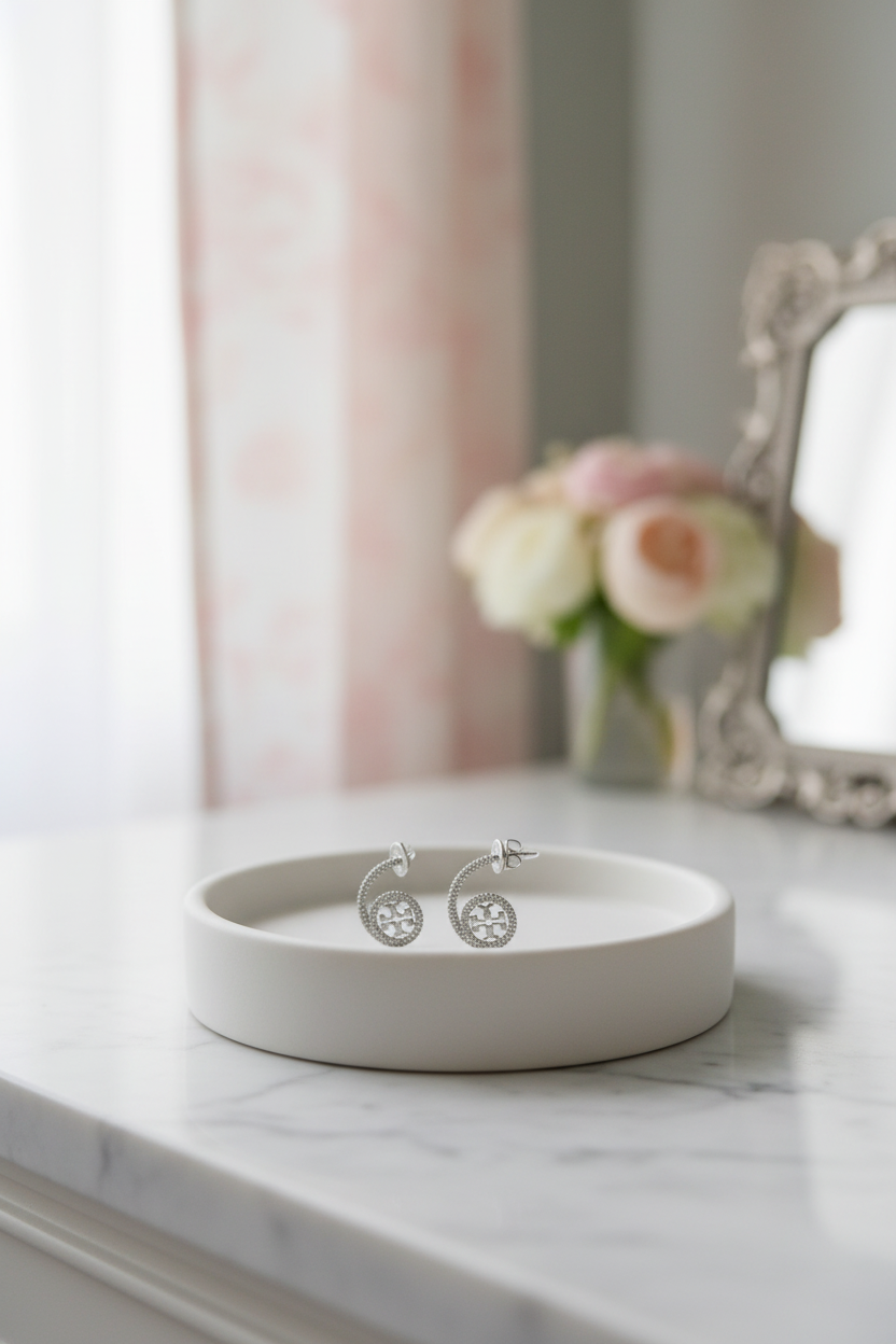 Tory Burch Logo Ear Climber Earrings on jewelry dish