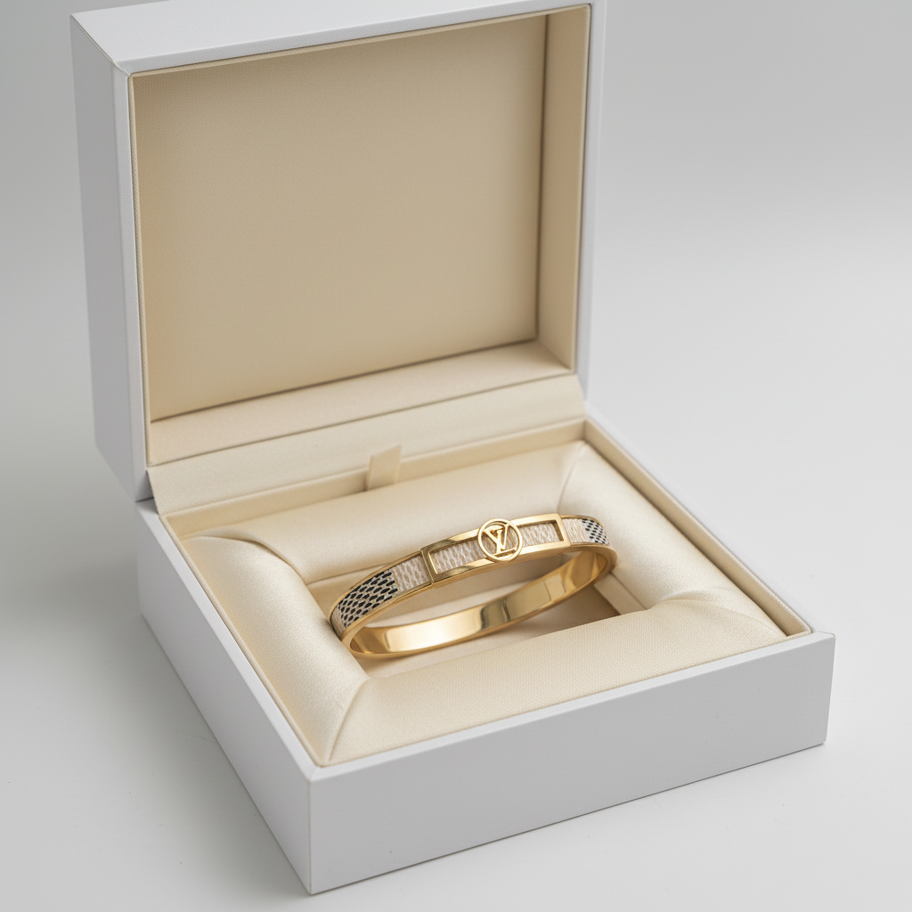 LV Damier Azur gold bangle bracelet in luxury white gift box