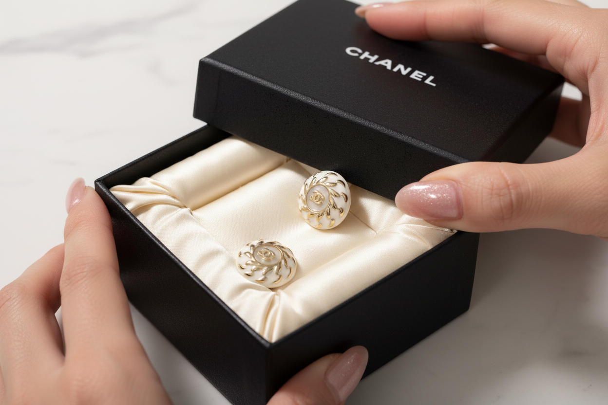 Chanel CC Logo Pearl White Resin and Gold Earrings in luxury Chanel gift box