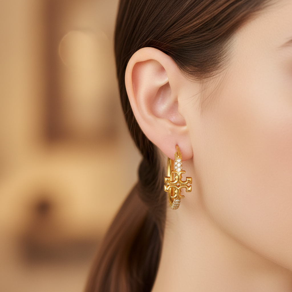 Tory Burch Small Eleanor Pavé Hoop Earrings - worn on model
