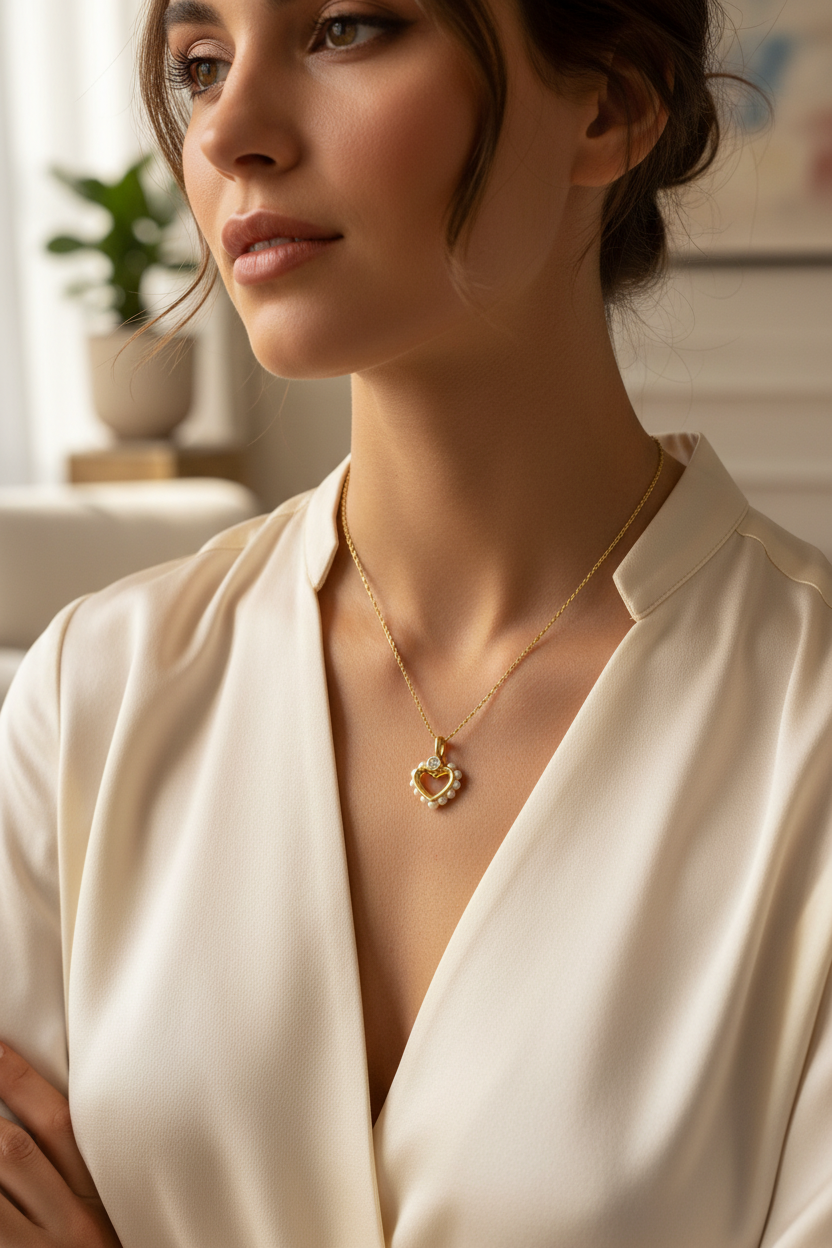 Kate Spade Pearl Open Heart Necklace worn on neck