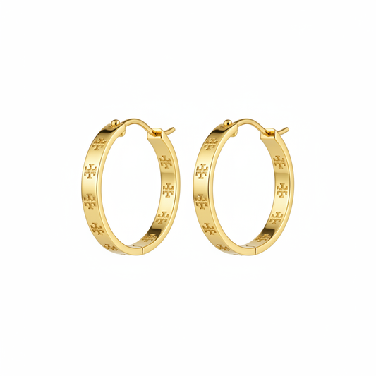 Tory Burch Gold Icon Hoop Earrings - white background