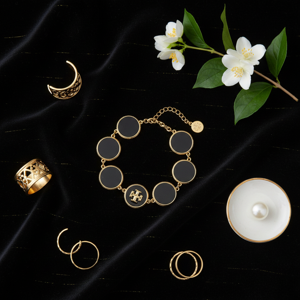Tory Burch Black Enamel Circle Bracelet flat lay on black velvet with gold accents