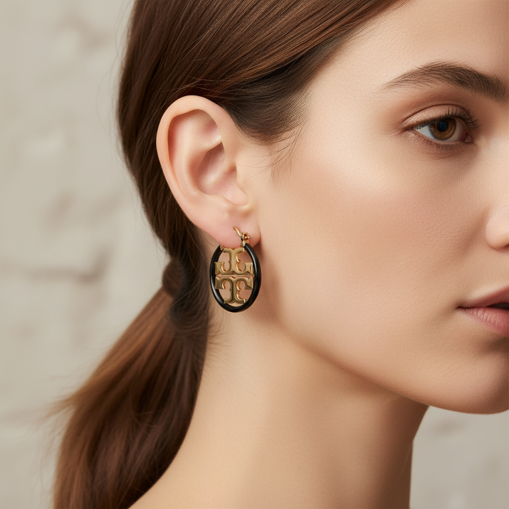 Tory Burch Miller Small Black Enamel Hoop Earrings - lifestyle on ear