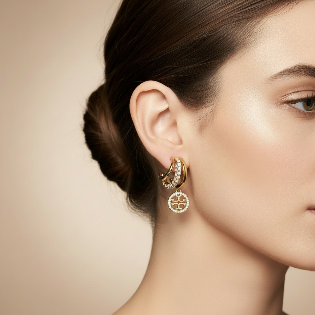Tory Burch Miller Icon Pavé Triple Hoop Earrings ear close-up
