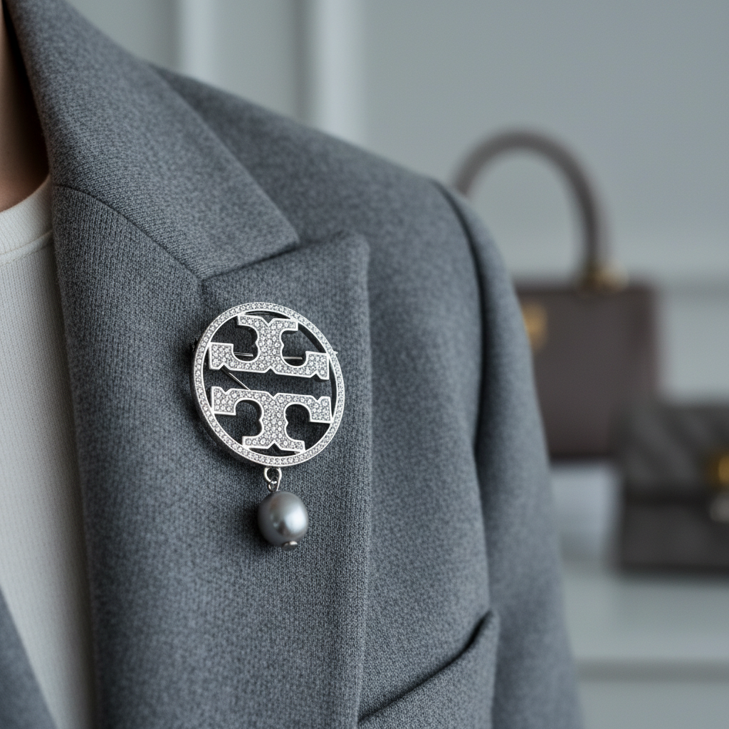 Tory Burch Miller Silver Pave Brooch pinned on gray cashmere lapel
