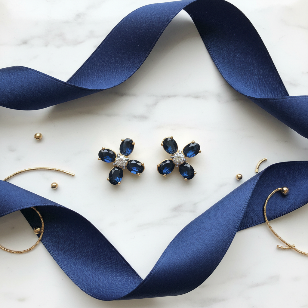 Tory Burch Buddy Clover Stud Earrings with Blue Crystal - marble flat lay with navy ribbon
