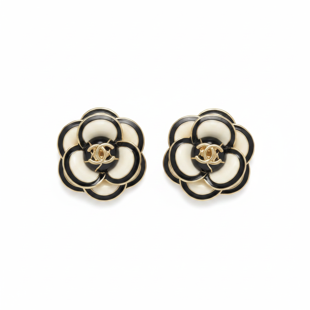 Chanel Enamel Camellia CC Logo Earrings 21 A on white background