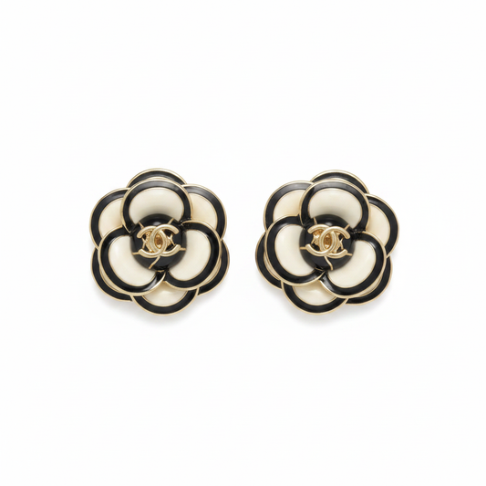 Chanel Enamel Camellia CC Logo Earrings 21 A on white background