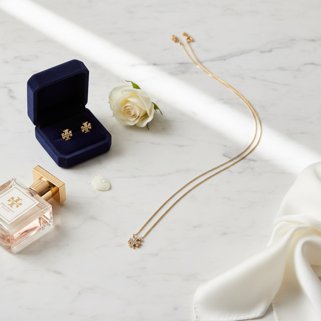 Tory Burch Kira Pavé Logo Delicate Necklace - White Marble Flat Lay