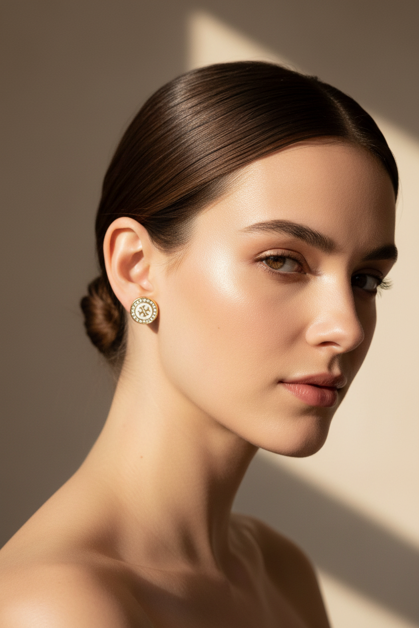 Tory Burch Kira Enamel Circle Stud Earrings worn on ear