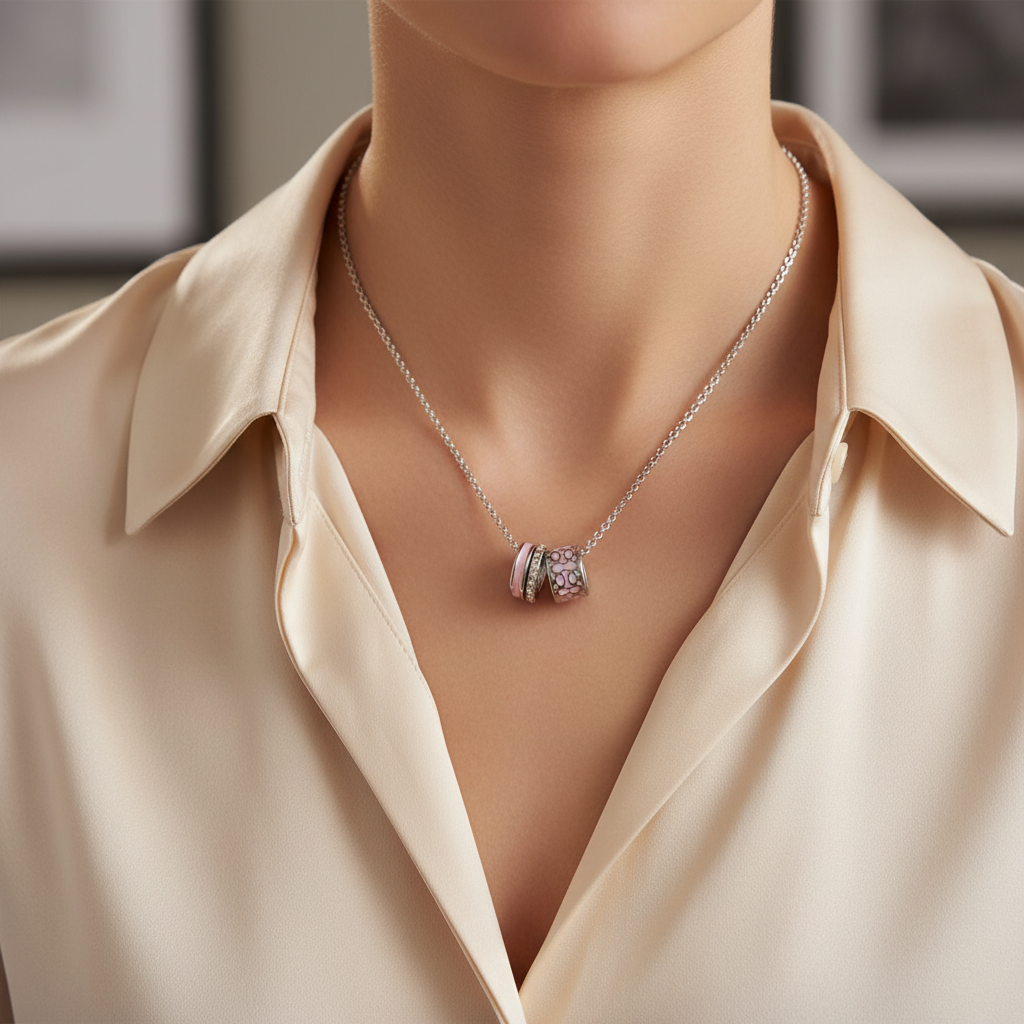 Coach Pink Signature Enamel Necklace worn on neckline, warm elegant lighting