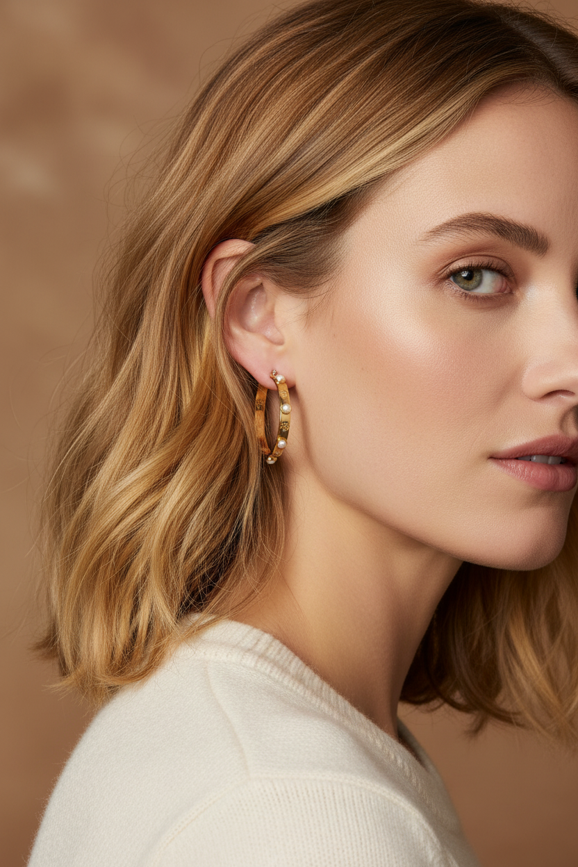 Tory Burch Miller Faux Pearl Hoop Earrings worn with loose waves