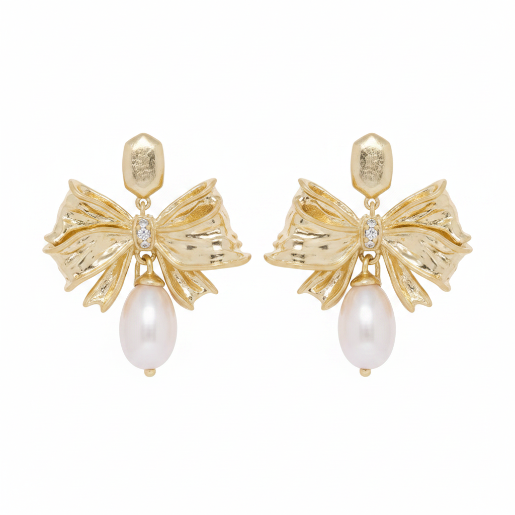 Kendra Scott x LoveShackFancy Pearl Bow Earrings clean product shot