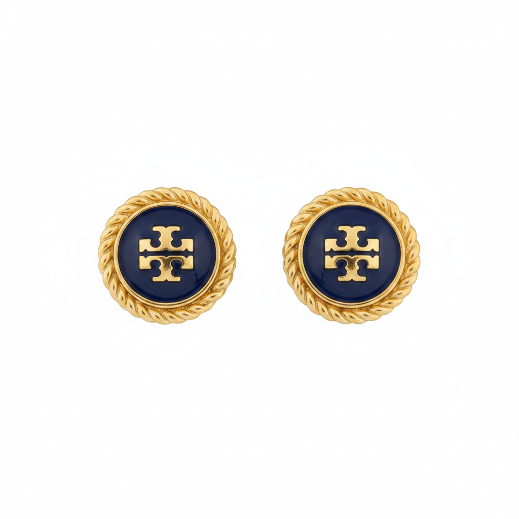 Tory Burch Rope Logo Stud Earrings Navy Blue Gold - clean product shot