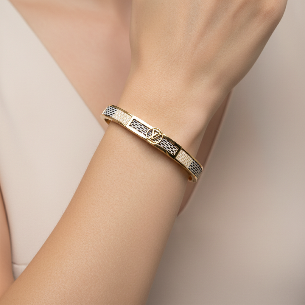 LV Damier Azur gold bangle bracelet worn on wrist