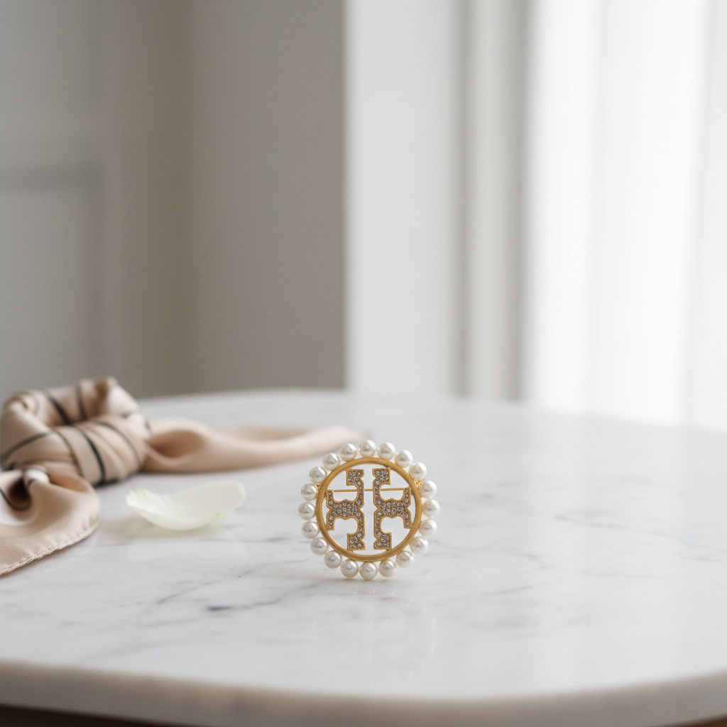 Tory Burch Miller Pearl Brooch on marble surface, editorial lifestyle shot