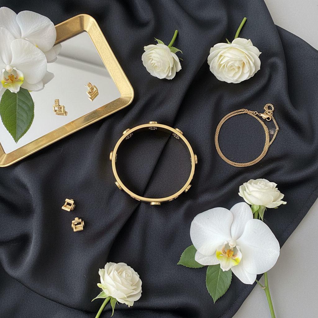 Tory Burch Logo Stud Black Circle Bangle - luxury flat lay