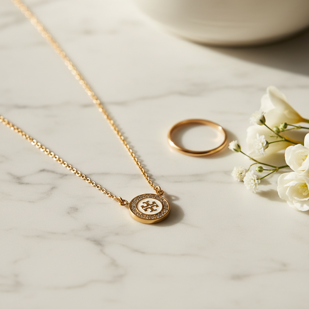 Tory Burch Icon Pavé Pendant Necklace - Marble surface with flowers