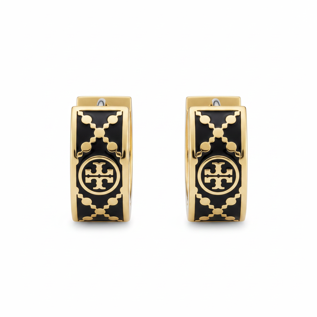 Tory Burch T Monogram Hoop Enamel Earrings Black Gold - Clean Product Shot